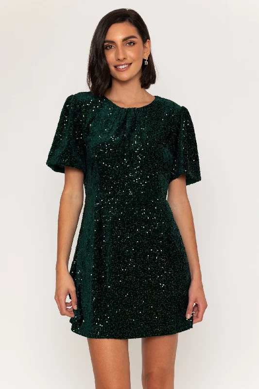 Short Sleeve Velvet Sequin Mini Dress in Green Elegant Lace Mini Dress