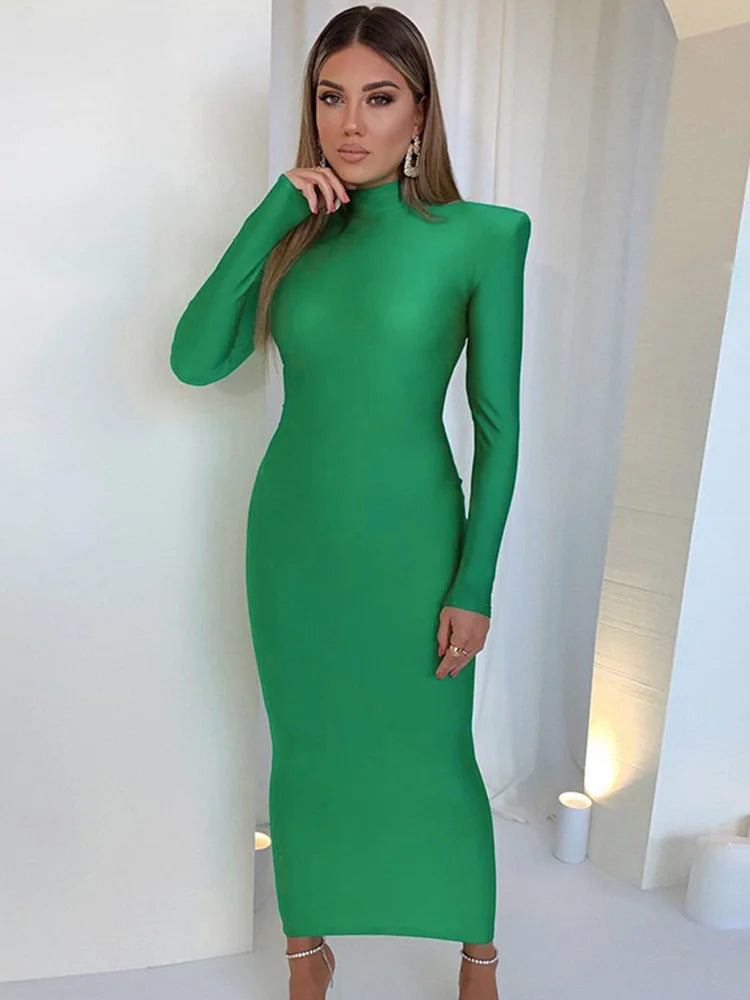 Shoulder Padded Long Sleeve Green Club Elegant Clothes Midi Dresses Comfortable Ribbed Midi Dress