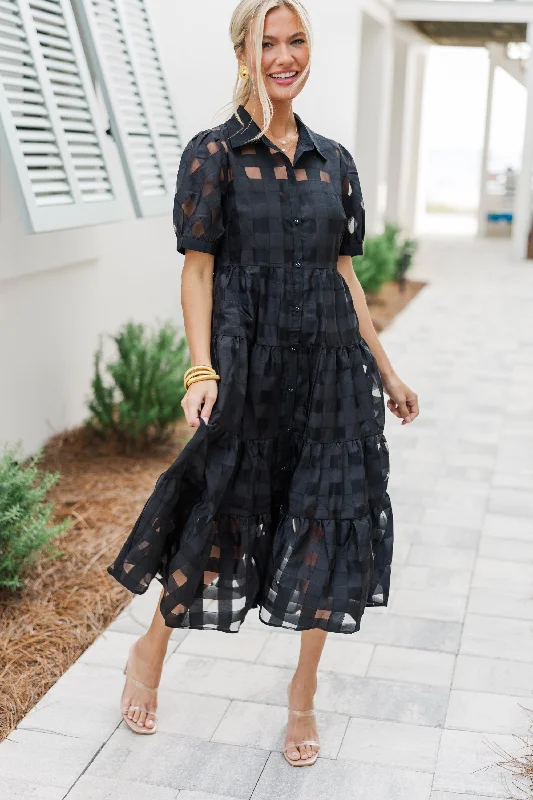 So Worth It Black Organza Button Down Midi Dress Elegant Pleated Detail Midi Dress