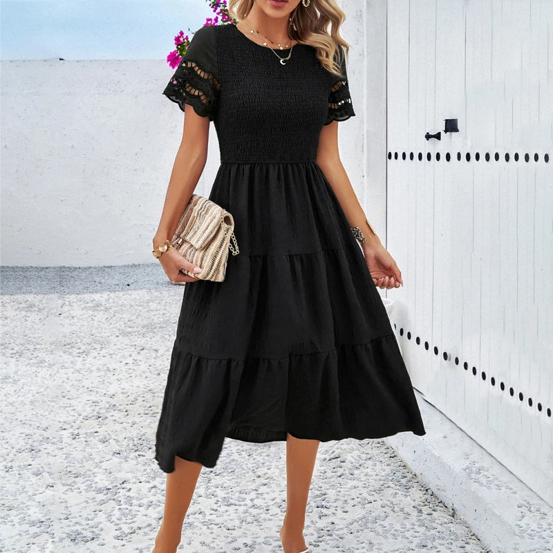 Solid Temperament Play Sheath Hollow Korean Midi Dresses Trendy Smocked Waist Midi Dress