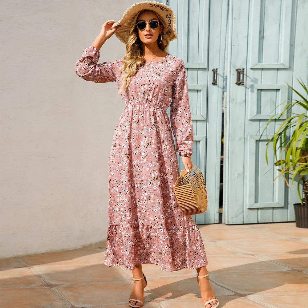 Sping Bohemian Women Maxi Casual Long Sleeve High Waist Chiffon Midi Dresses Stylish Wraparound Midi Dress