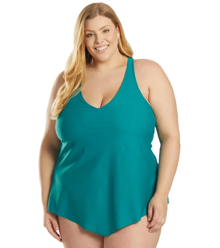 Sporti Plus Size Sofia Flowy Racerback Tankini Top Dark Emerald Adjustable Bikini Bottoms