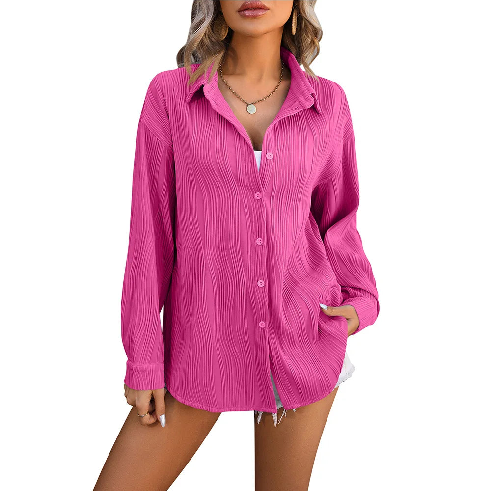 Spring Summer New Wavy Texture Loose Fashion Shirt Ladies Office Casual Lapel Long Sleeves Shirt Relaxed Short Sleeve Tee