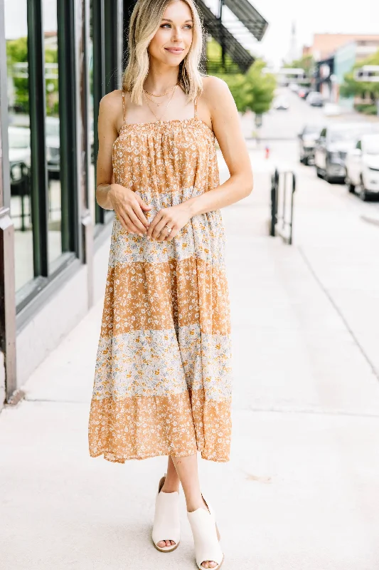 Stay With Me Taupe Brown Ditsy Floral Midi Dress Comfortable Stretch Midi Dress