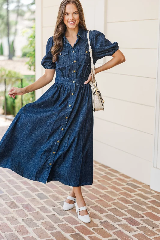 Still The One Medium Wash Denim Midi Dress Trendy Fit-and-Flare Midi Dress