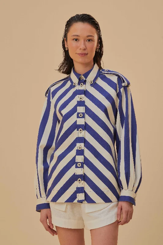 Blue Striped Long Sleeve Shirt Classic Short Sleeve Blouse