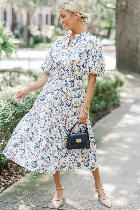 It's A Match Off White Floral Midi Dress Elegant Satin Button Midi Dress