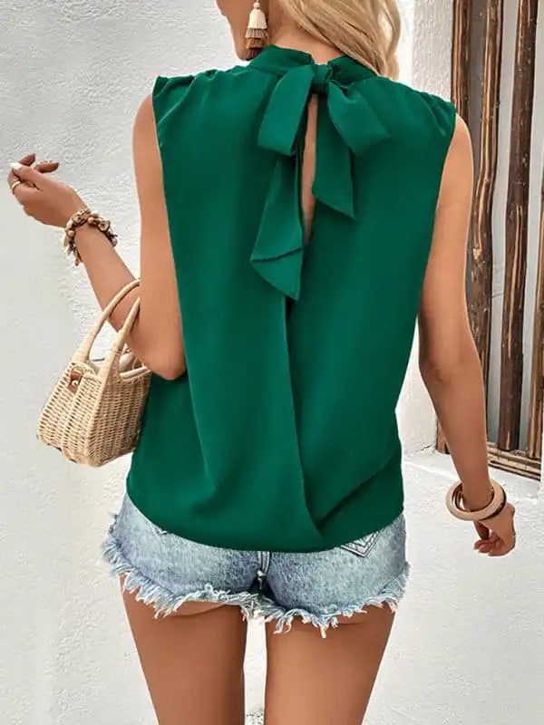 Summer new green bowknot hollow backless shirt sleeveless top Relaxed Button-Down Short Shirt