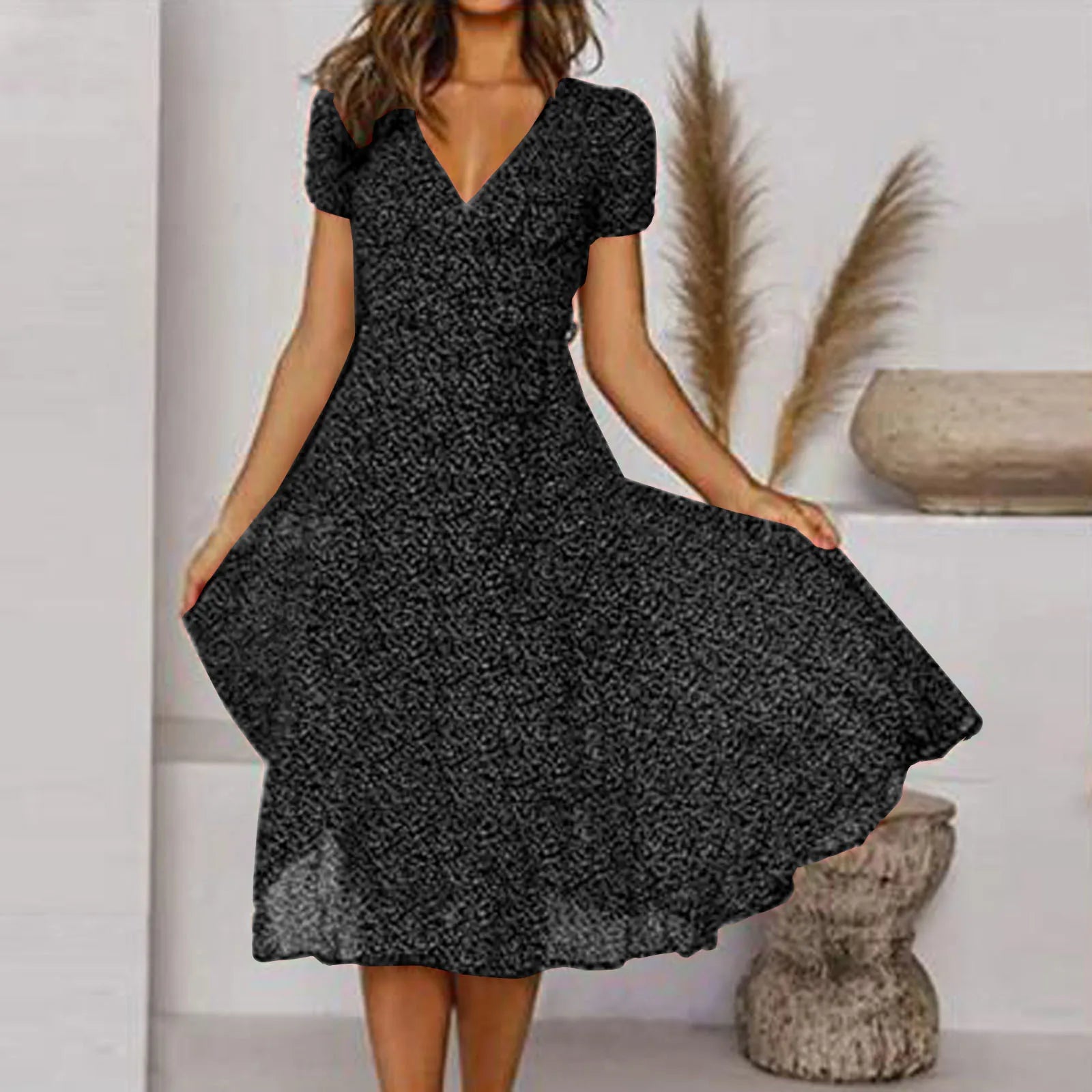 Summer Women's Sexy Short V Neck Floral Polka Dot Casual Boho  Sun Midi Dresses Elegant Pleated Sleeve Midi Dress