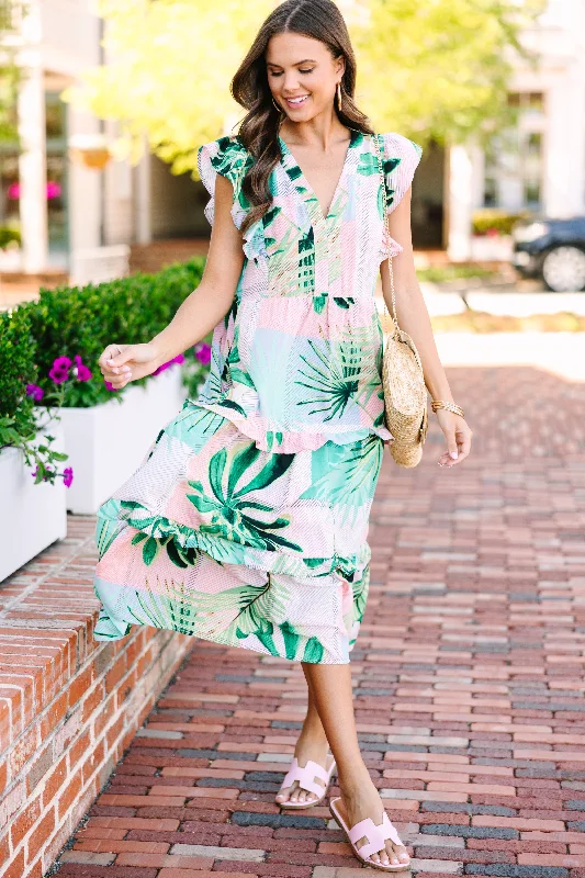 Tropical Dreams Pink Floral Midi Dress Fashionable Off-Shoulder Dress Midi