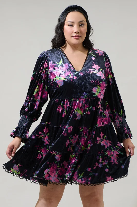 Tulda Floral Amari Velvet Tiered Mini Dress Curve Comfortable Shift Mini Dress