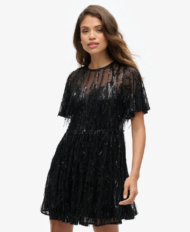 Volume Tiered Mesh Mini Dress | Tassle Black Sequin Stylish Ruffle Mini Dress