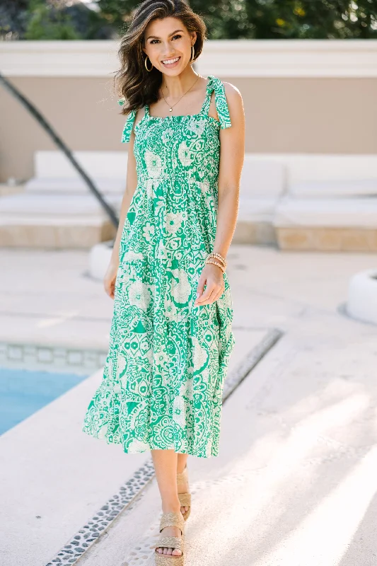 What It's All About Green Floral Midi Dress Stylish Midi Dress with Cuffs