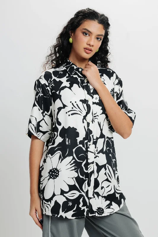 White Black Print Viscose Shirt Trendy Short Sleeve Tunic