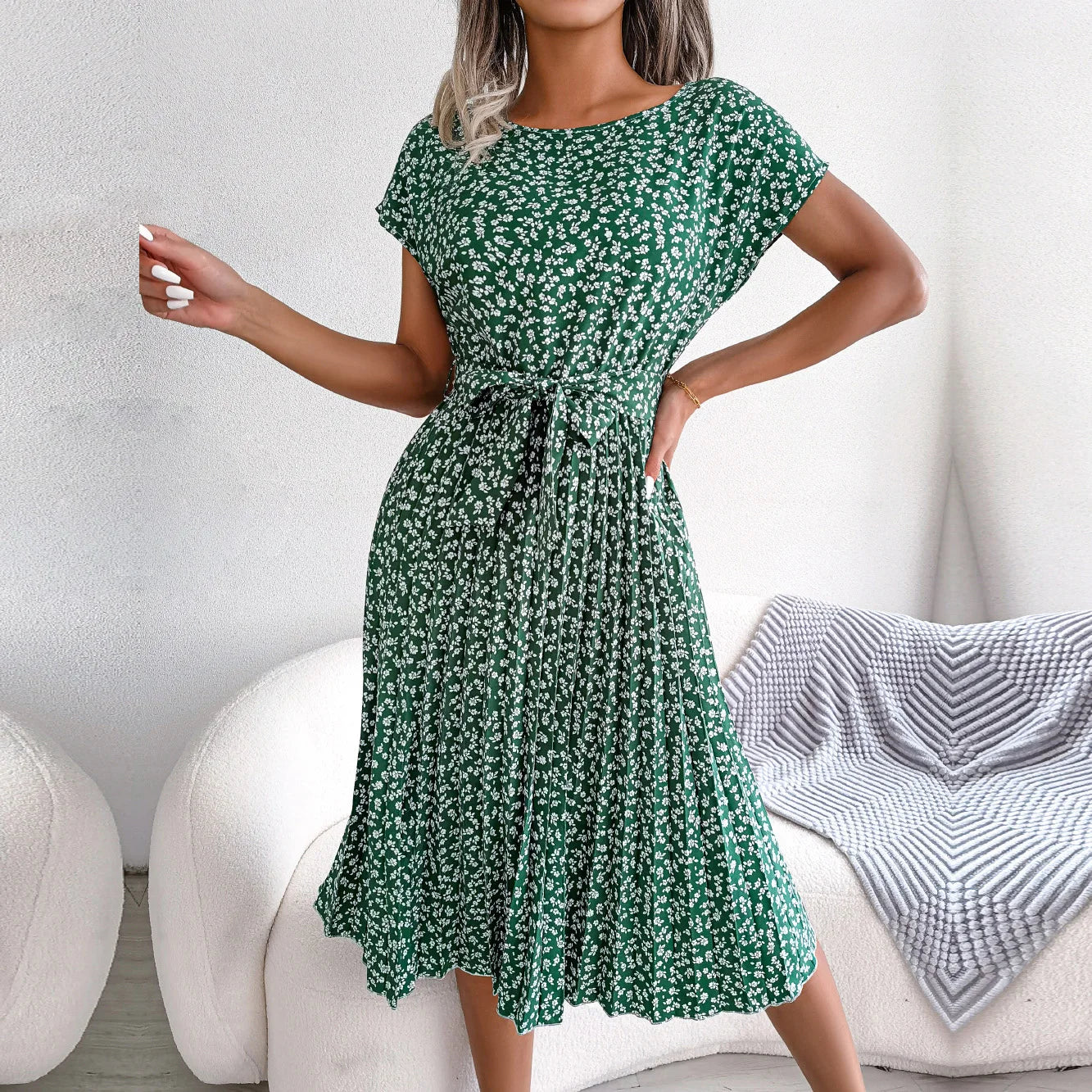 Women Spring Short Waist Chic Floral Pleated A Line Long Midi Dresses Elegant V-Neck Midi Dress