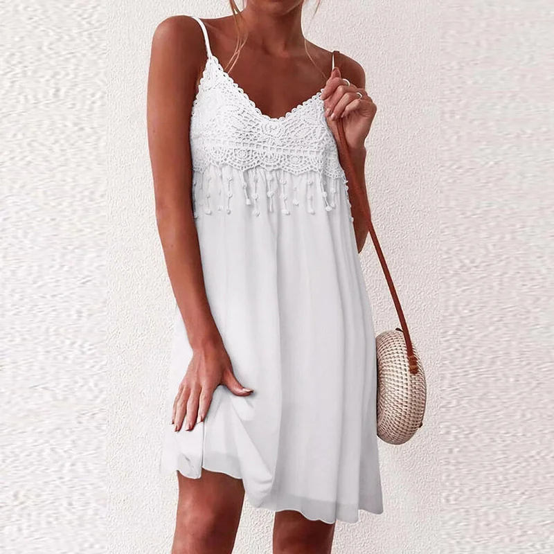 DressBetty - V-Neck Strap Open White Lace Sleeveless Loose Elegant Mini Dress Trendy Off-Shoulder Dress Mini