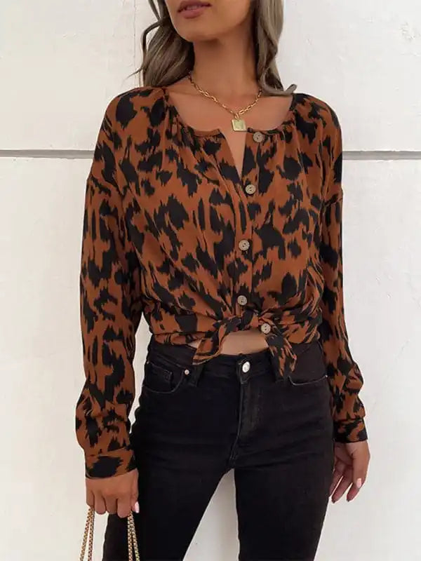 Women’s Leopard Print Button-front Long-sleeve Shirt Classic Solid Short Shirt