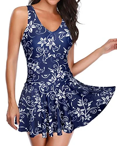 Modest And Elegant One Piece Swimdress Skirt For Women-Navy Blue Floral Deep-V Swimsuit Design