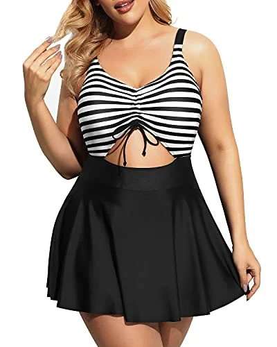 V Neck Swimdress Cutout Bathing Suits For Women-Black And White Stripe Shiny One-Piece Swimsuit