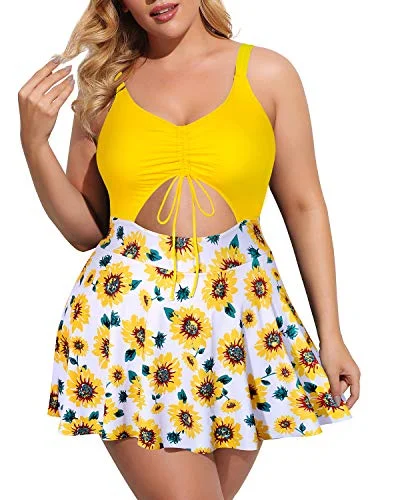 Plus Size Tie Front V Neck Swim Dress Push Up Padded Bra Bathing Suits-Yellow Floral High-Waist Bikini Set