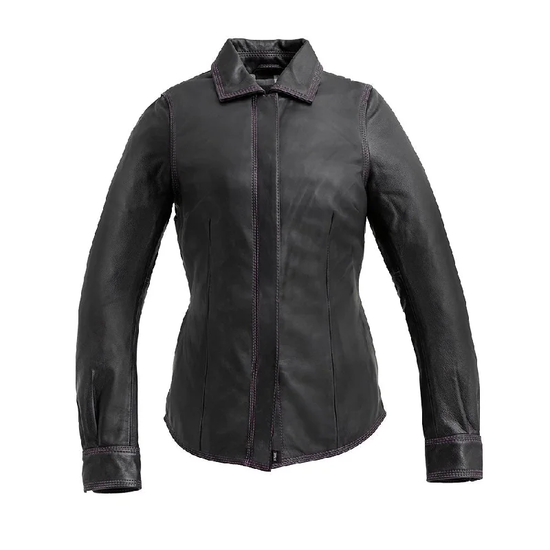 Leela Women's Motorcycle Leather Shirt - Limited Edition Elegant Lace Short Sleeve