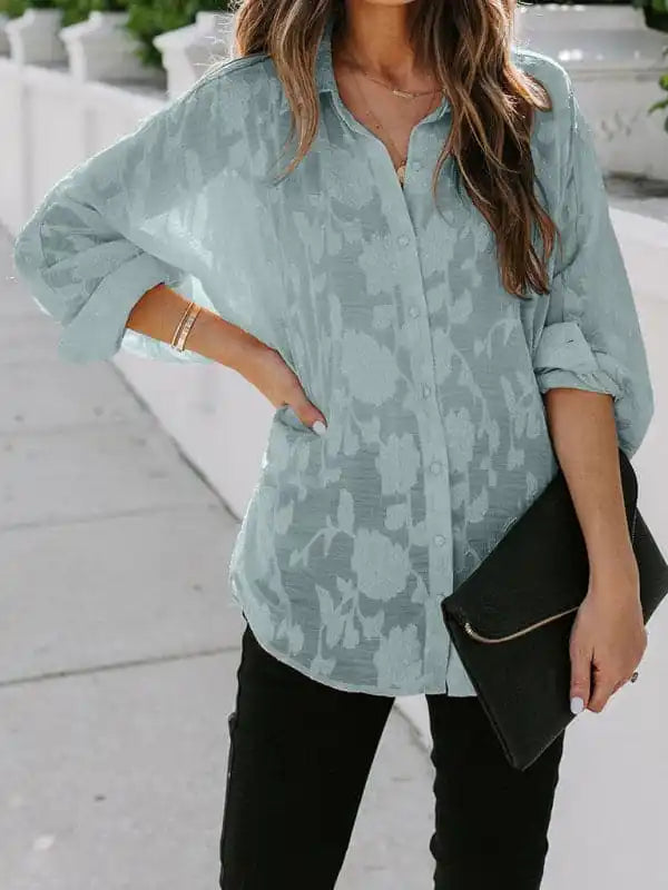 Women’s Solid Color Mesh Sheer Lace Floral Print Button Front Shirt Trendy Sleeveless Short Shirt