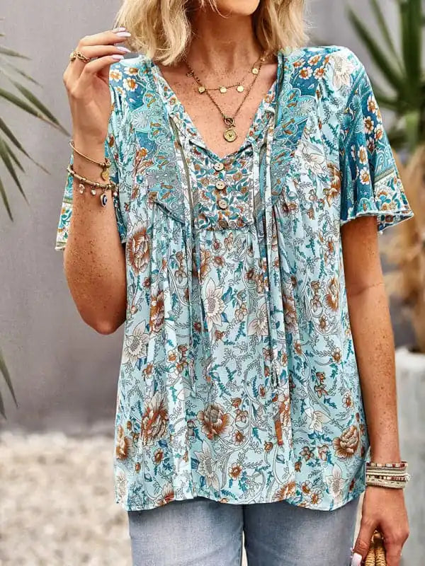 Women’s V Neck Short Sleeve Printed Short Sleeve Shirt Trendy Short Sleeve Blouse