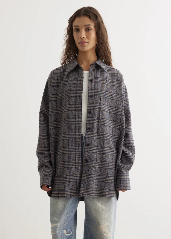 Wool Check Shirt Relaxed Cotton Short Blouse