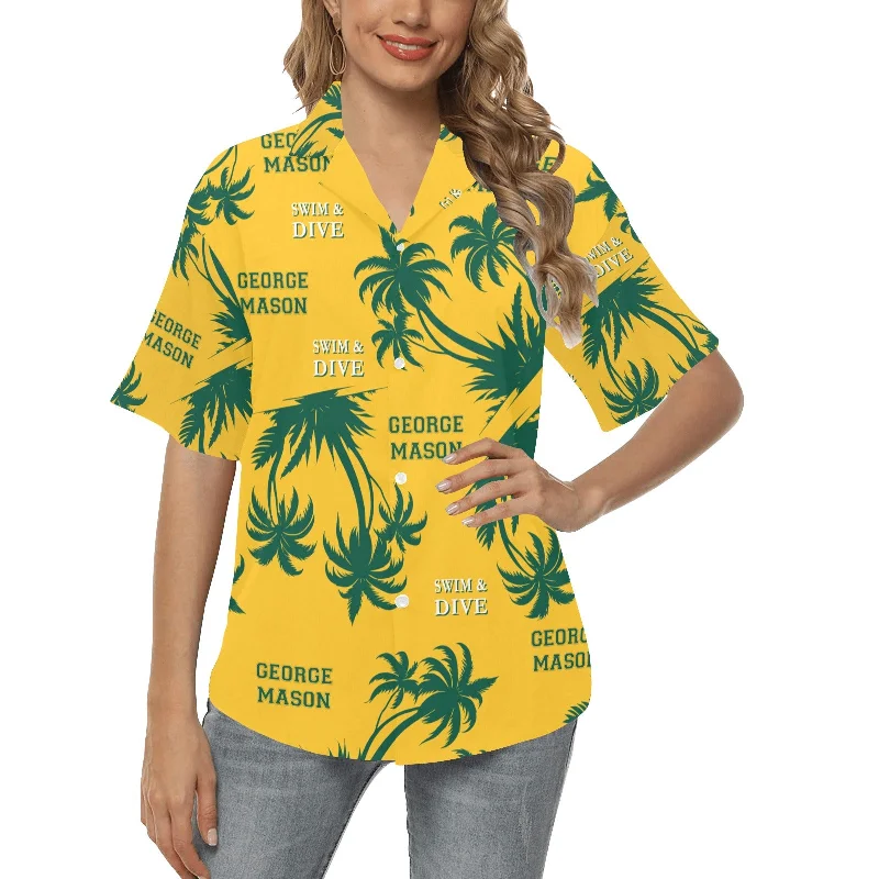 Yellow and Green George Mason Swim and Dive Team Fan Womens Hawaiian Shirt Button-Front Swimsuit