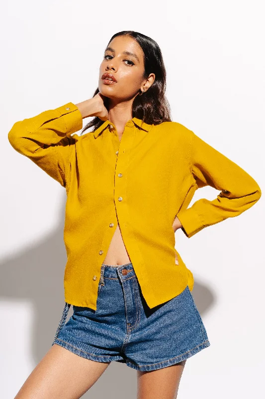 Yellow Linen Shirt Elegant Longline Short Shirt