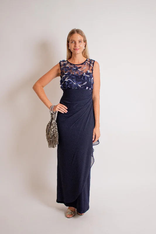 Navy & Silver Maxi Dress Elegant Velvet Maxi Dress