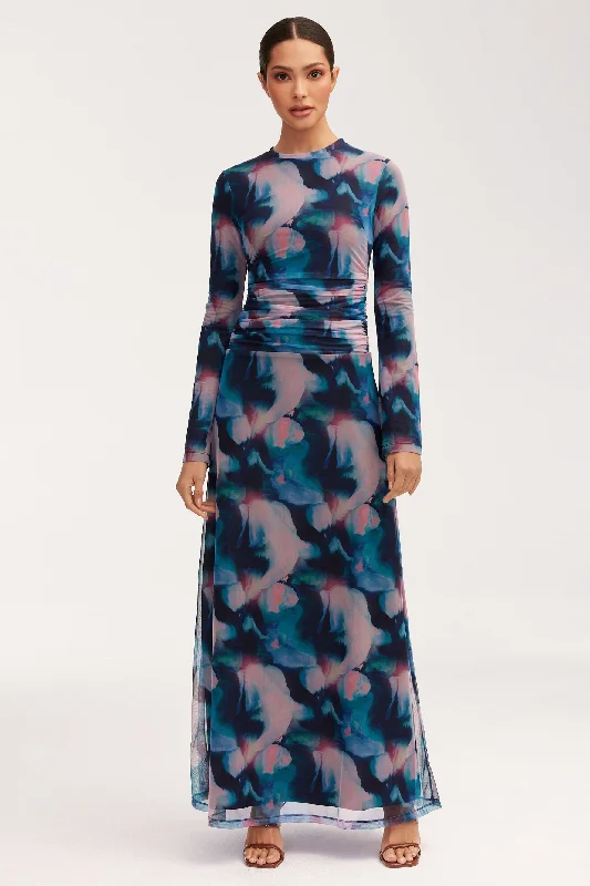 Adelina Rouched Mesh Maxi Dress - Blue Tie Dye Stylish Maxi Dress with Frills