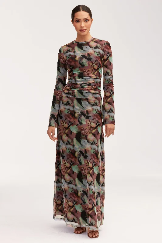 Adelina Rouched Mesh Maxi Dress - Floral Tie Dye Fashionable Sheer Maxi Dress