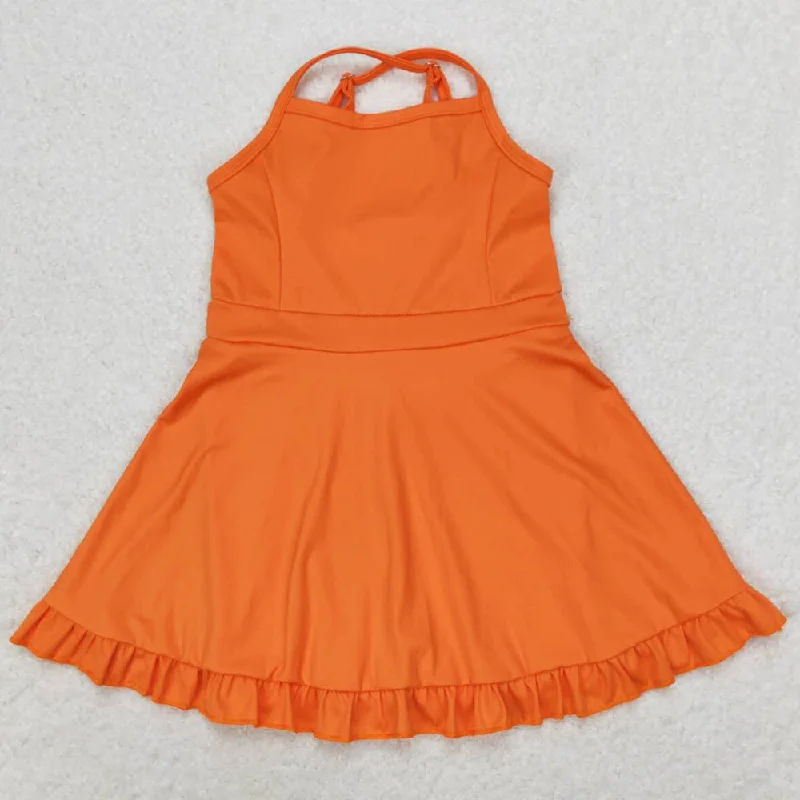 Baby Girls Swimsuits Orange Knit Knee Length Active Wear Dresses S0442 Halter Neck Swimsuit