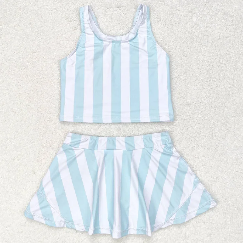 Baby Girls Swimsuits Summer Blue Stripes Top Skirts Active Wear Sets GSD0990 Cross-Back Bikini