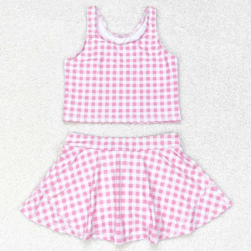 Baby Girls Swimsuits Summer Pink Checkered Top Skirts Clothes Sets GSD0992 Crisscross Back Swimsuit