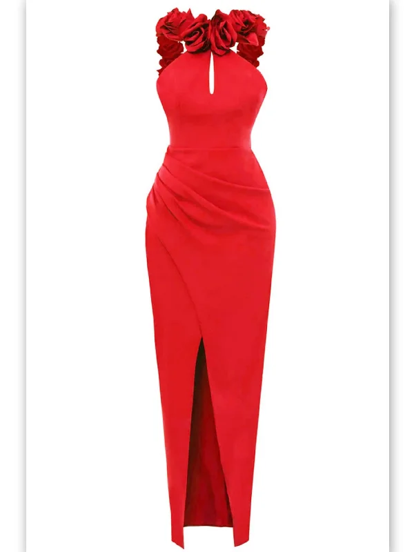 Backless Red Rose-Appliques Maxi Dress Cozy Ribbed Maxi Dress