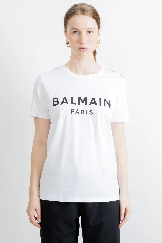 Balmain Women White T-Shirt With Black Logo and Golden Buttons Collared T-Shirt Boat Neck A-Line