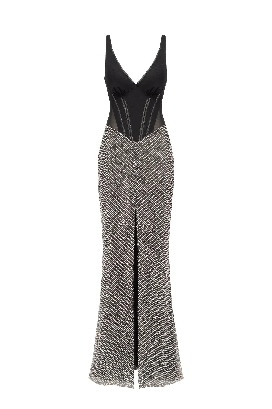 Black corset maxi dress with silver sequined maxi skirt, Smoky Quartz Elegant Tiered Maxi Dress