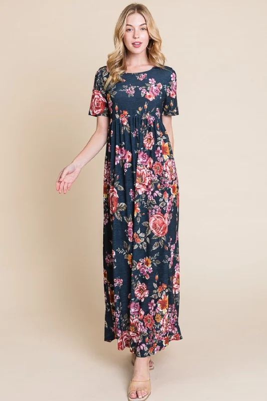 Blue Zone Planet |  BOMBOM Floral Short Sleeve Maxi Dress Fashionable Chiffon Maxi Dress