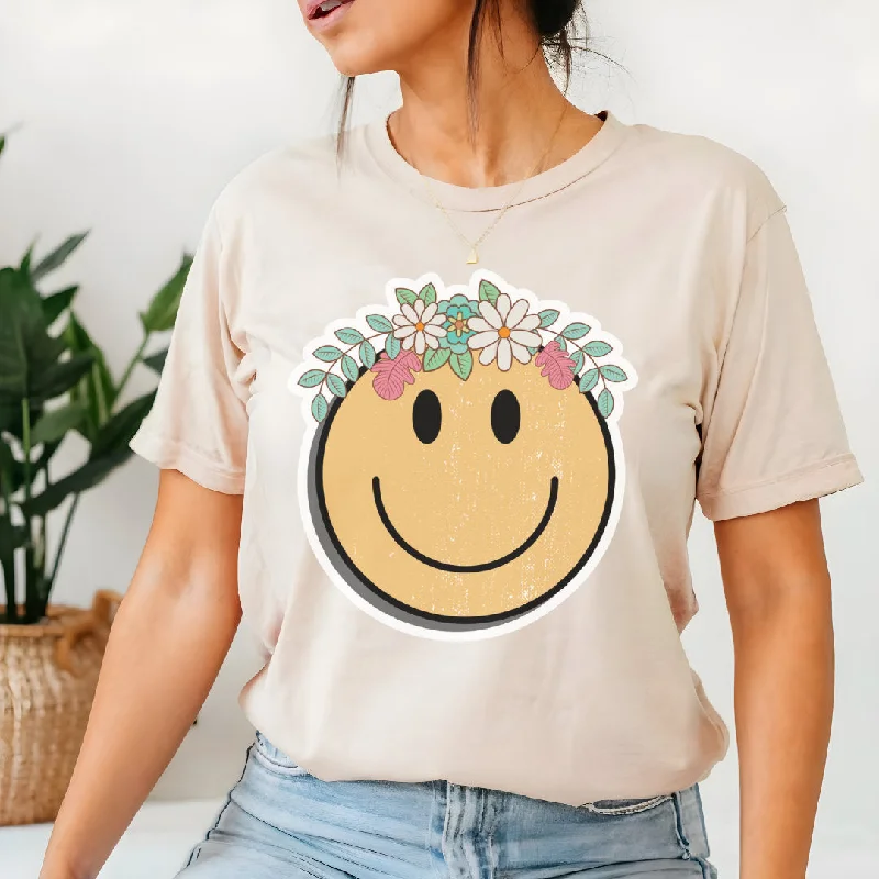 Boho Flower Smiley Tee - Trendy Oversized Tee - Happy Face Tee - Boho Hippie Style - Summer Aesthetic - Bella Canvas Unisex Tee Graphic Embroidered Appliqued