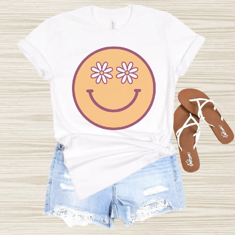 Boho Flower Smiley Tee - Trendy Oversized Tee - Happy Face Tee - Boho Hippie Style - Summer Aesthetic - Bella Canvas Unisex Tee Plaid T-Shirt Polka Dot Checkered