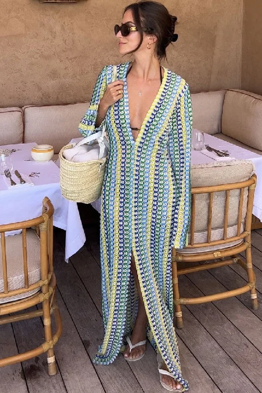 Boho V Neck Bell Sleeve Wavy Striped Crochet Beach Vacation Maxi Dress - Yellow Cozy Knit Maxi Dress