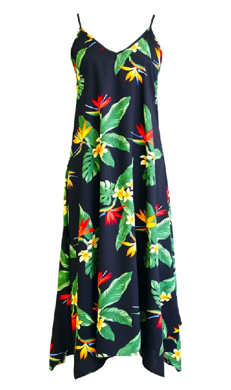 BOP Plumeria Ladies Hawaiian V Neck Scarf Hem Maxi Dress in Black Trendy V-Neck Maxi Dress