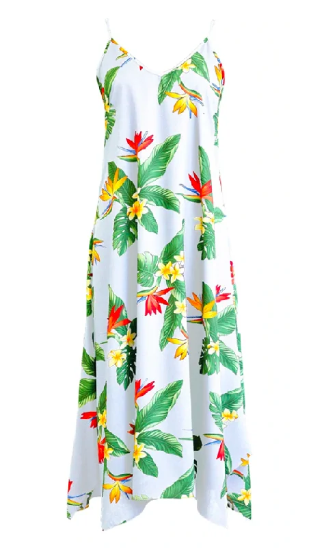 BOP Plumeria Ladies Hawaiian V Neck Scarf Hem Maxi Dress in White Fashionable Chiffon Maxi Dress