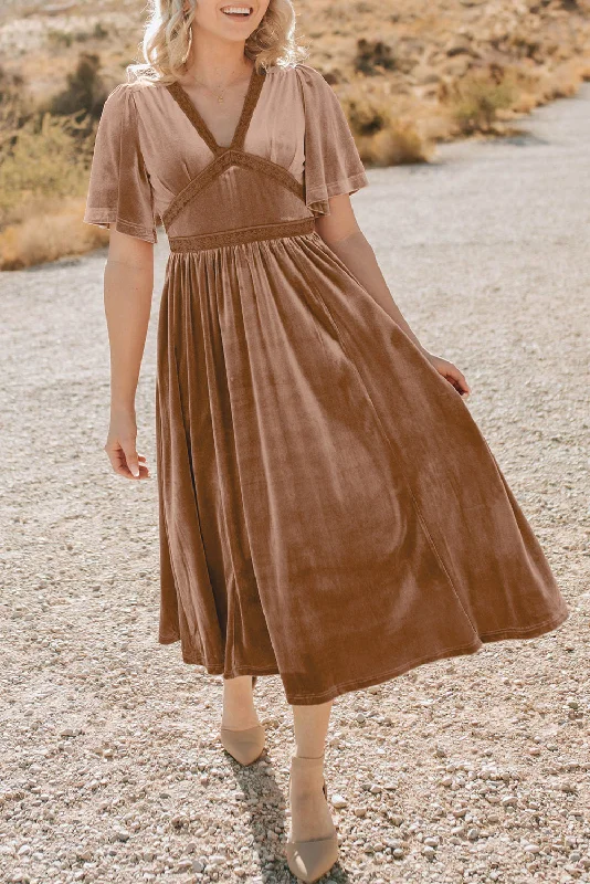 Blue Zone Planet |  Chestnut Velvet Lacy V Neckline Short Sleeve Empire Waist Flowy Maxi Dress Chic Button-Up Maxi Dress