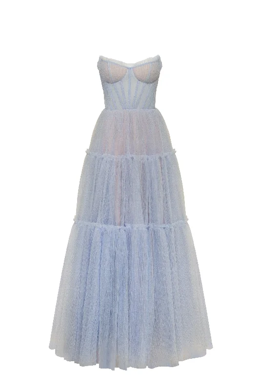 Cloudy blue tulle maxi dress with ruffled skirt, Garden of Eden Cozy Longline Maxi Dress