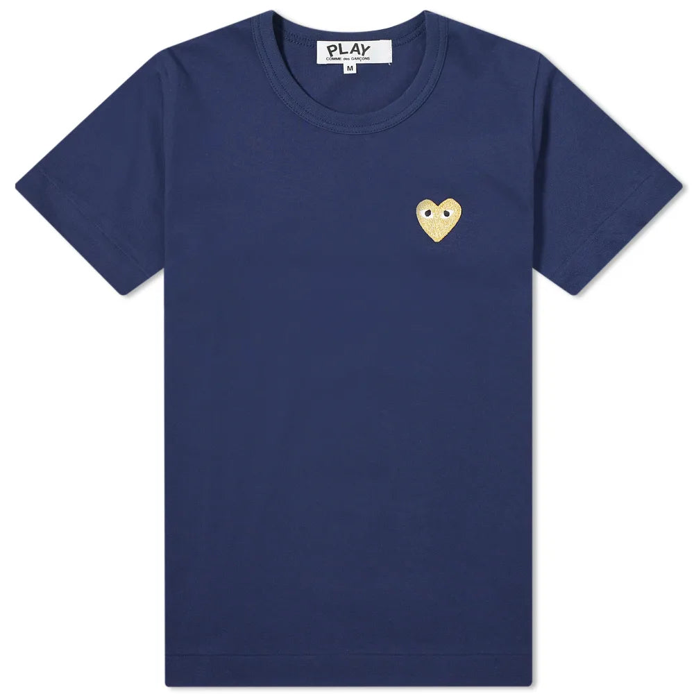 Comme Des Garcons Play Women Gold Heart T-Shirt Navy Graphic T-Shirt Round Neck Polyester