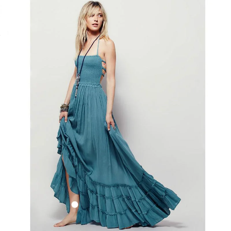 Crinkly Strapless Extratropical Maxi Dress Halter Neck Tie Beach Dress Comfortable Maxi Dress with Belt