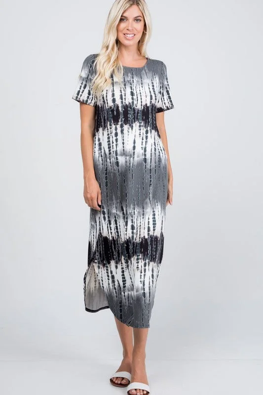 Black, Grey, & Ivory Short Sleeve Tie Dye Maxi Dress Trendy Satin Maxi Dress